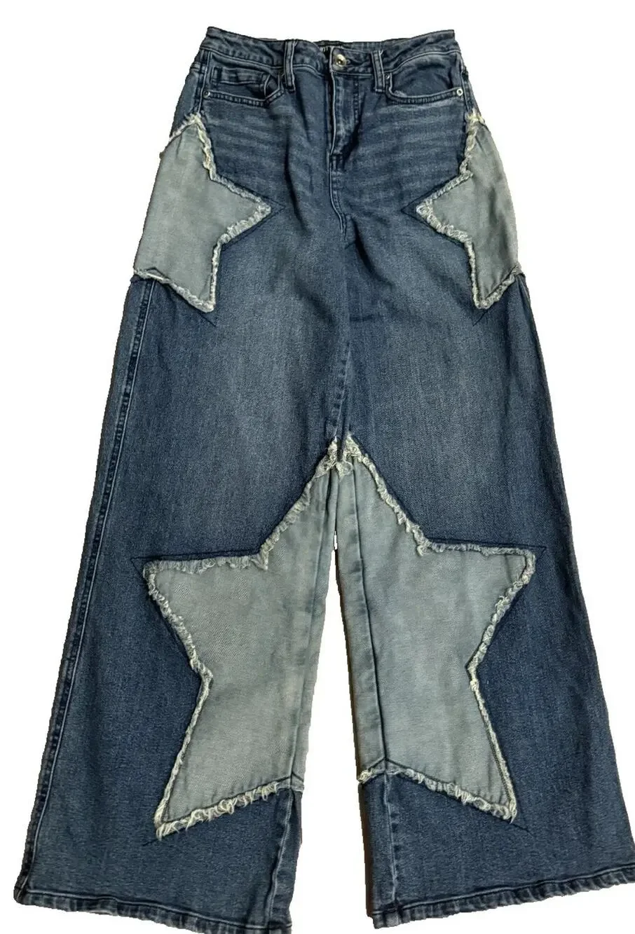 Hot Topic Star Patchwork Wide Leg Blue Denim Jeans Skate Alt Y2K Retro size 5